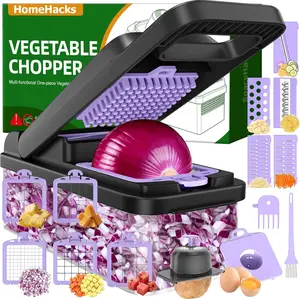HomeHacks 15-in-1 Multi-Functional Vegetable Chopper - Kitchen Gadget with Dicer, Slicer, Onion Cutter, Salad Prep Tool, Cheese Grater & Egg Separator, Handle-Equipped Lid (Purple)