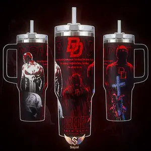 Daredevil Born Again Season 2 40 oz Vacuum Insulated Tumbler with Handle Straw Red Black DD Logo Graphic Keeps Drinks Hot/Cold 12H+ 18/8 Stainless Steel Travel Mug for Fans Superhero Lovers Dark Aesthetic Merch Gift
