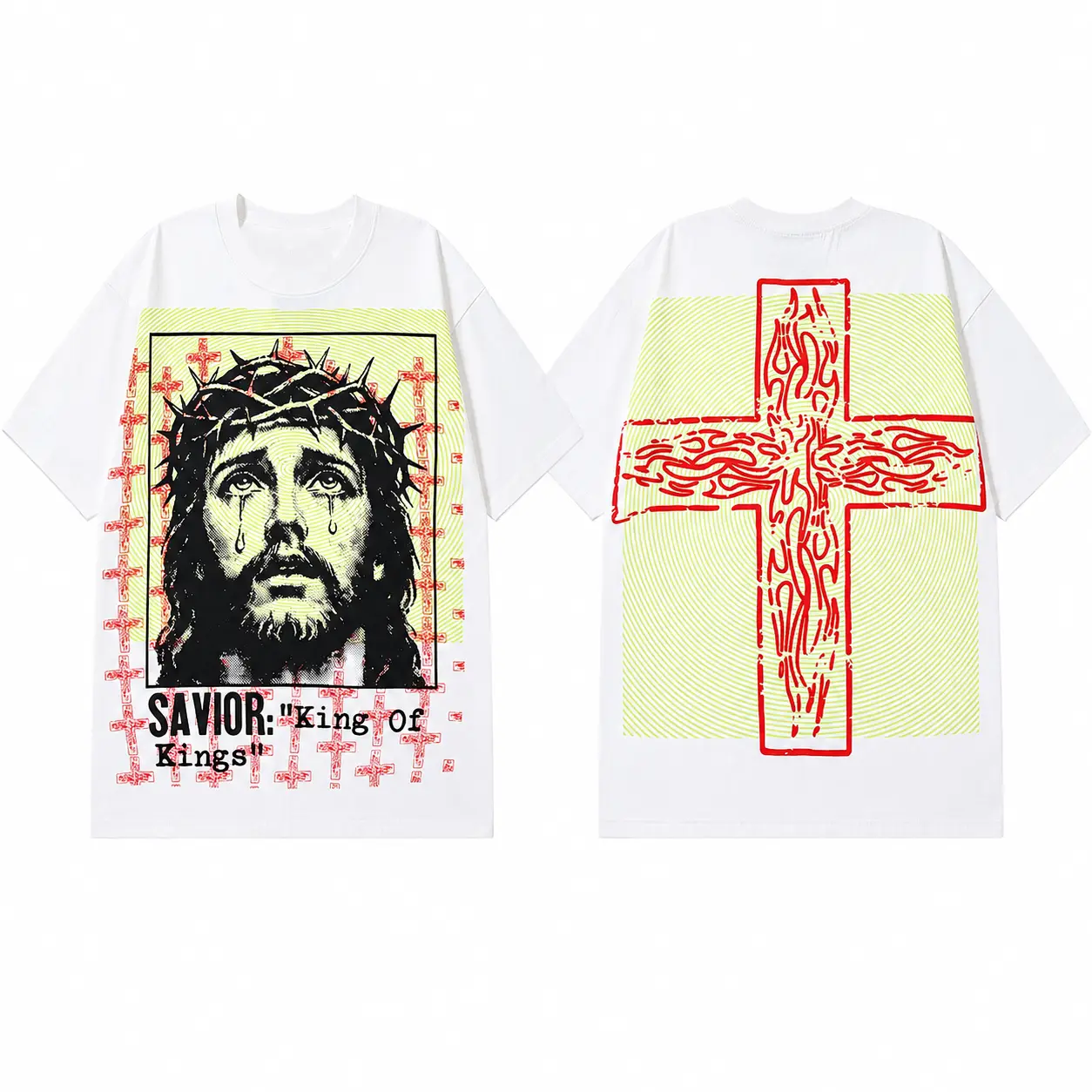 Hellstar Jesus T-Shirt, Savior King of Kings Graphic Tee, White Christian Streetwear Shirt, Cross Front and Back Print, Oversized Short Sleeve Crew Neck Top