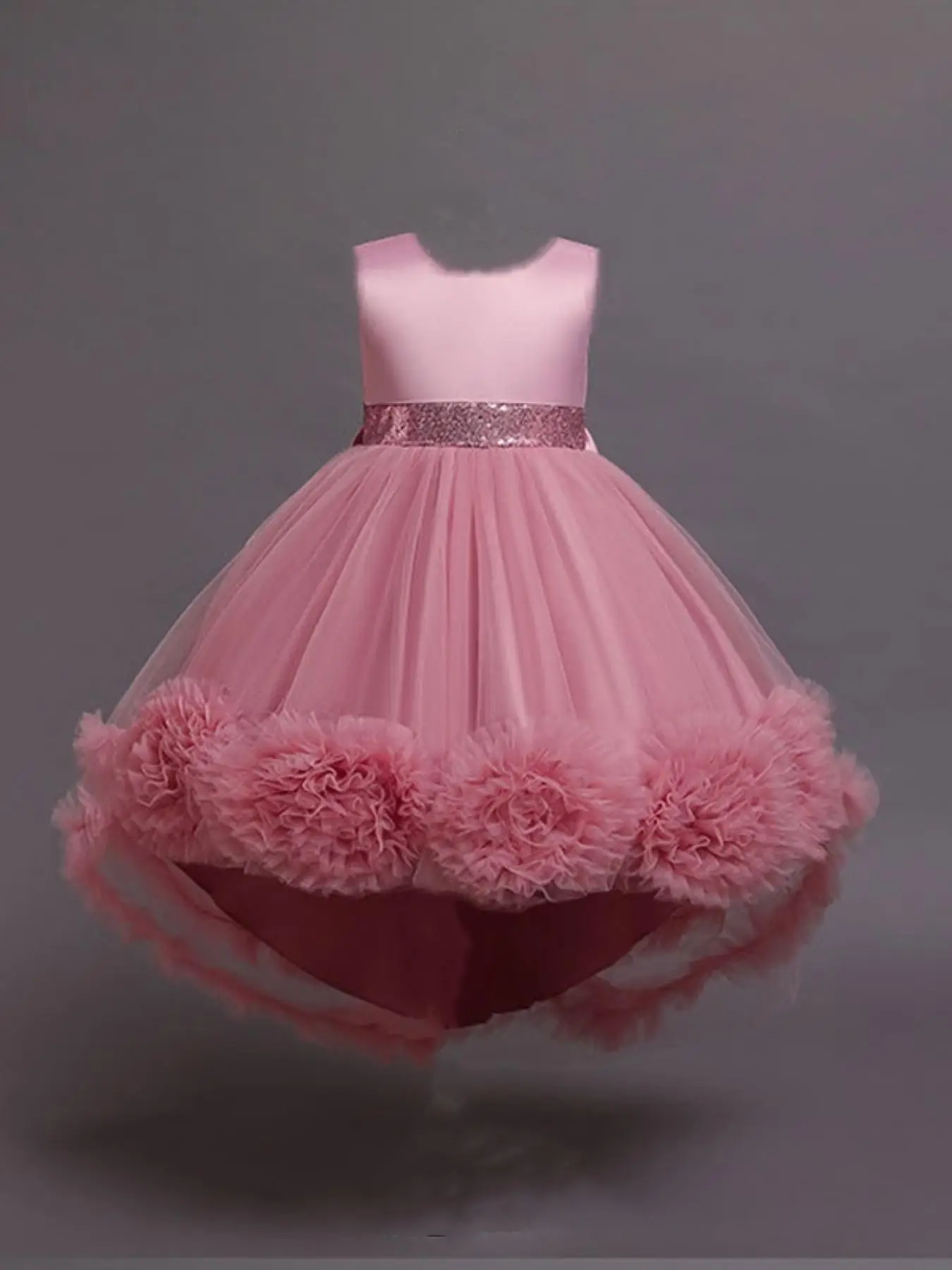 Girl's Bow Back Contrast Mesh High Low Tulle Dress, Summer Clothes Elegant Flower Decor Sleeveless Round Neck Party Dress, Kids Summer Clothes