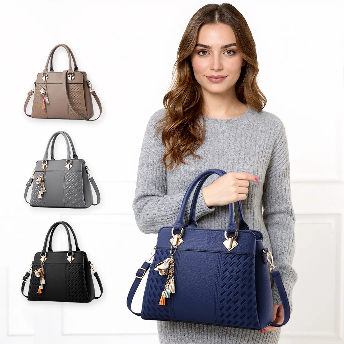 PU Leather Crossbody Bag for Women, Chic Top Handle Satchel for Daily Commuting with Tassel Pendant, Crossbody Leather Bag, Daily Commuting Bag
