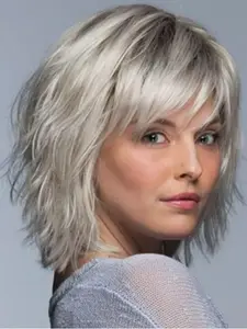 Women's Short Wavy Synthetic Material Wigs, Light Silver Color Roots, Tips, Natural Daily Wear, Synthetic Wavy Hair