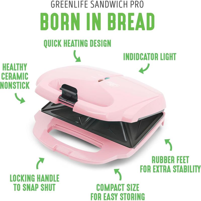 Pro Electric Panini Press Grill and Sandwich Maker, Healthy Ceramic Nonstick Plates,Easy Indicator Light, PFAS-Free, Pink
