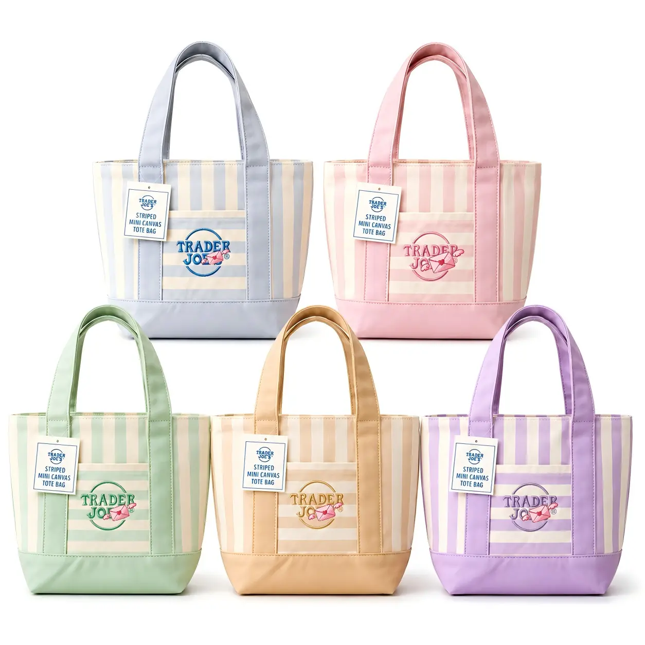 Trader Joe Striped Canvas Tote Bag - Cute Versatile Reusable Canvas Handbag, Lightweight Portable Everyday Shopping Bag, 4 Pastel Color Options, Tote Bags