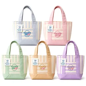Trader Joe Striped Canvas Tote Bag - Cute Versatile Reusable Canvas Handbag, Lightweight Portable Everyday Shopping Bag, 4 Pastel Color Options, Tote Bags