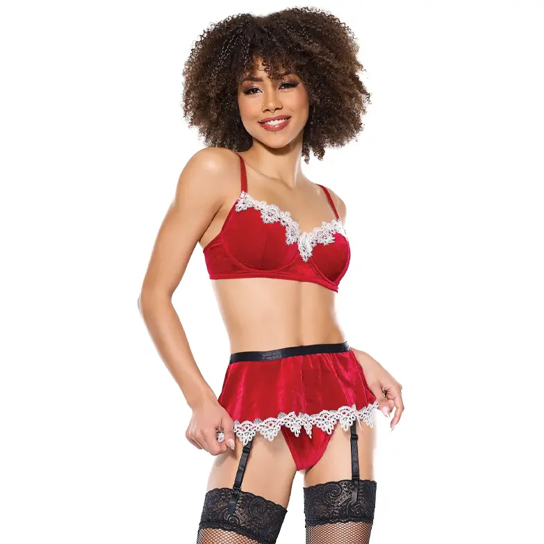 Velvet Underwire Bra, Garter Skirt & Thong w. Embroidered Lace Edges