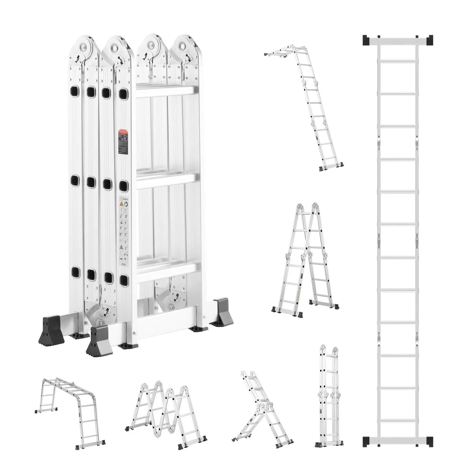 Multi-Purpose Folding Ladder 7-In-1, 3-Step, 12-Foot Reach Extension Ladder for Work, Home Improvement and DIY Projects, Indoor/Outdoor Use, Aluminum Construction, Non-Slip Feet, Safety Locks, Lightweight and Durable Design