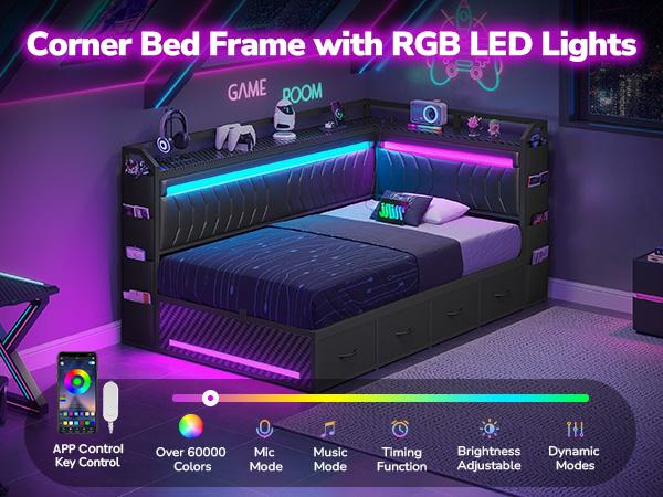 Hasuit L-Shaped Corner Bed Frame - Leather Upholstered with Pull-Stitch Detailing, 4 Storage Drawers, LED Light, Metal Legs, 500lbs Load Capacity, Convertible Daybed (Esports Style)