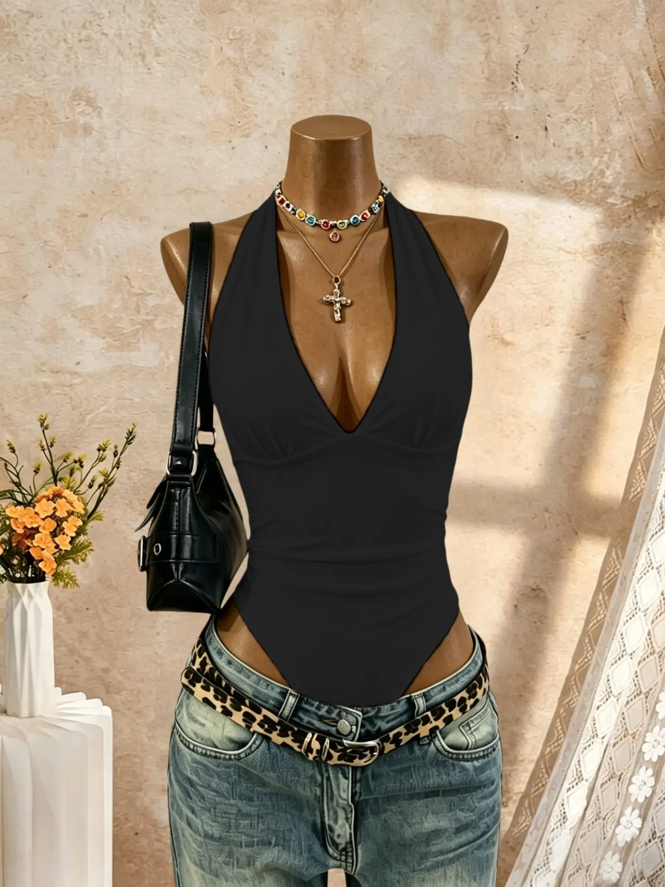 Y2K Sexy Halter Bodycon Dress for Women, Deep V Neck Pleated Waist Sleeveless Top, Slim Fit High Slit Backless Bodysuit, Bodysuit Tops, Bodysuit Clothes, Trendy Streetwear, Womenswear