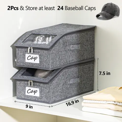 Linen Cap Organizer - Home Organizers, Dustproof Boxes with Drawstring, Transparent Windows, Durable Cardboard, Collapsible Classic Stackable Bins, Holds 24 Caps, Storage for Bedrooms & Men’s Closets, Gift for Husbands/Sons