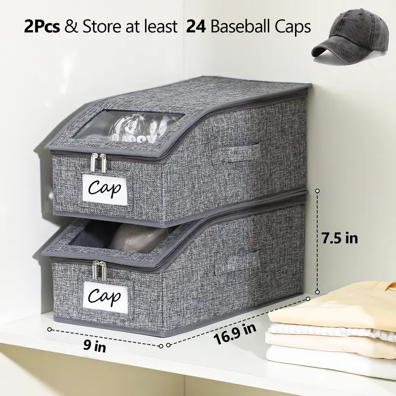 Linen Cap Organizer - Home Organizers, Dustproof Boxes with Drawstring, Transparent Windows, Durable Cardboard, Collapsible Classic Stackable Bins, Holds 24 Caps, Storage for Bedrooms & Men’s Closets, Gift for Husbands/Sons