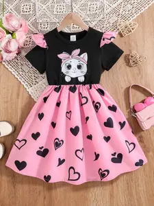 Girls' Fashion Summer Dress, Cat Print Short Sleeve Patchwork Heart Pattern Long Waist Casual, Comfortable Youth Clothing, Kitty