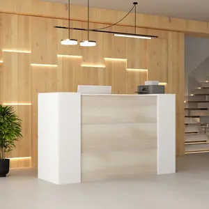 FUFU&GAGA Modern Reception Desk Counter with 2 Lockable Doors &6 Storage Compartments,Office Wooden Computer Desk with 2 Cabinets & Adjustable Shelves