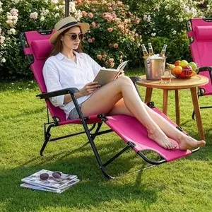 Outdoor Chaise Portable Folding Reclining Chair Sun Lounger For Patio Pool Beach Lawn Extendable With Premium Steel Tube & Oxford Material Design Dual Purpose Lounge Frame Fabric Foldable Recliner Camping Relaxing Barbie Pink Fashion Accessories Fabric