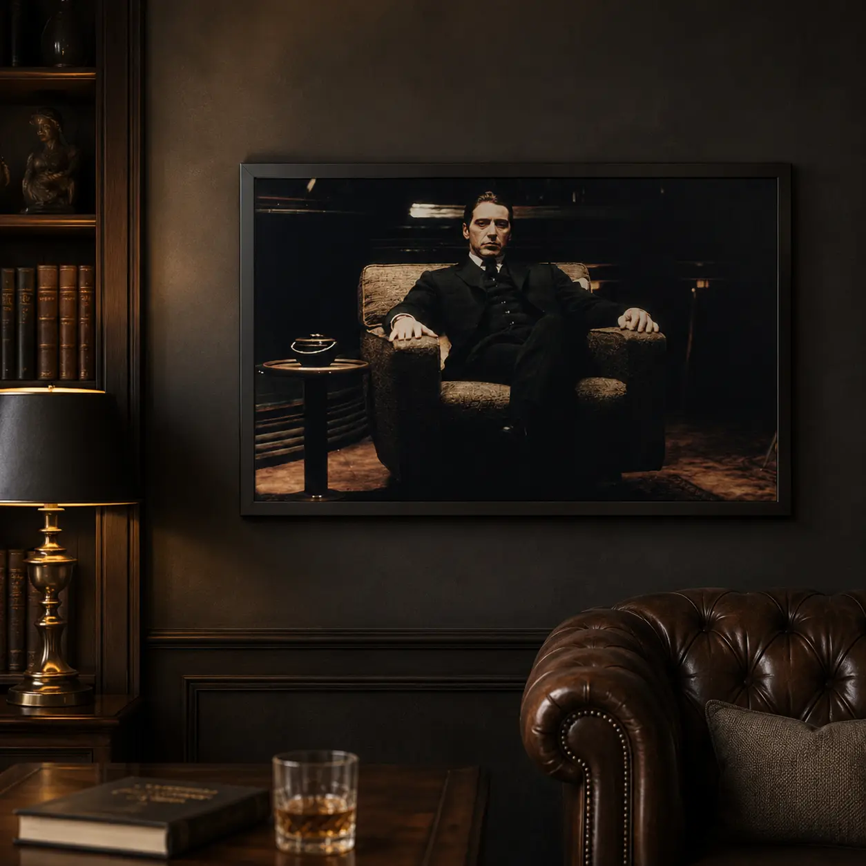The Godfather Part 2 Michael Corleone Vintage Film Grain Canvas Wall Art, Dark Moody Sepia Movie Scene Print, Classic Gangster Film Frameless Decor, Man Cave Office Bedroom Gift For Mafia Movie Fans