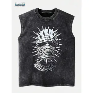 Spiked Mask Printed  Men's Tank Top, 180g Heavyweight Pure Cotton Sleeveless Shirt, Soft And Comfortable Casual Lightweight Crew Neck Top Suitable For Daily Commuting, Gym Workouts, And Outdoor Activities In Spring And Summer.