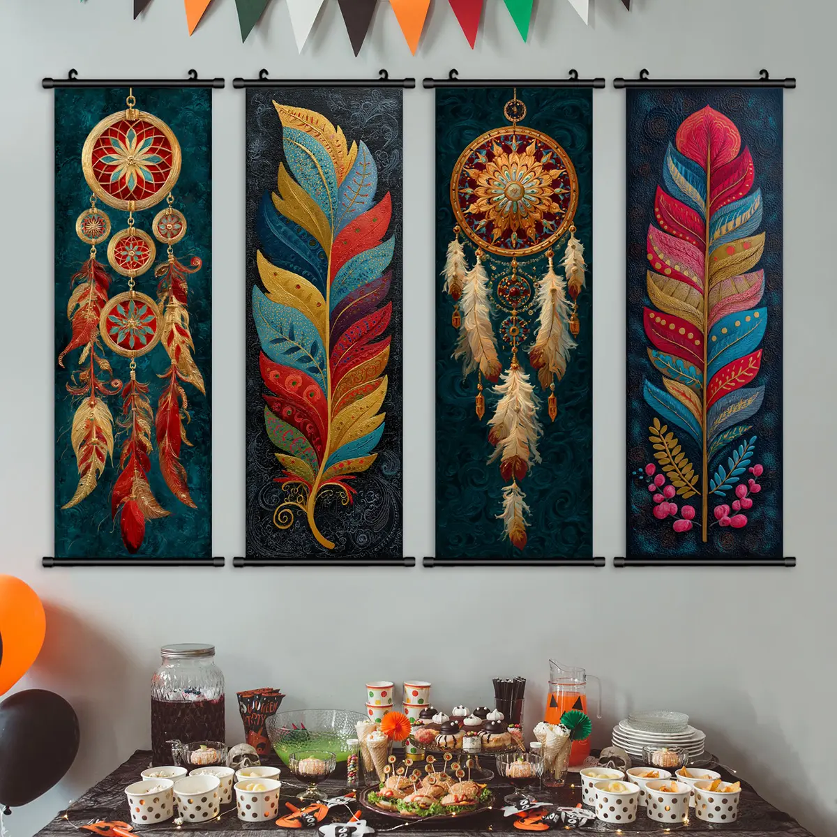 Boho Dreamcatcher Wall Art Set, Feather Print Hanging Banners, Waterproof Living Room Decor, Modern Home Decoration, Bedroom Corridor
