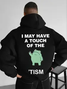 Men's Slogan & Frog Print Drawstring Fuzzy Graphic Hoodie, Loose Casual Comfy Fashion Aesthetic Streetwear Long Sleeve Kangaroo Pocket Design Thermal Lined Hooded Sweatshirt for Daily Holiday Outdoor Wear, Men Clothes for Fall & Winter