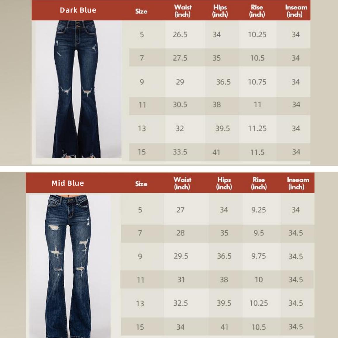 Madison Vogatiques High Rise Ripped Flared Jeans Bell Bottom Denim Pants Comfort Basic Distressed Raw Hem Tummy Control BBL