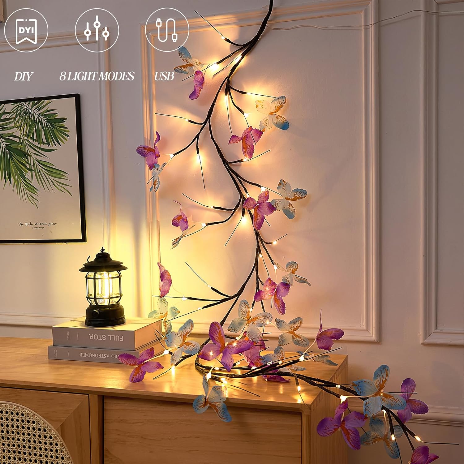 5.9FT Butterfly Vine Lights with 8 Modes, Variable Shape USB Fairy Lights, Aesthetic Wall Decor, Romantic Bedroom Decor, DIY Party Vibe