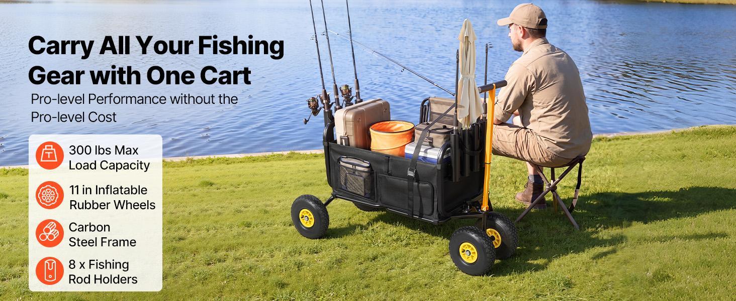 VEVOR Beach Fishing Cart, 300 lbs Load Capacity, Foldable Fishing Cart with Heavy-Duty Carbon Steel Frame, 11-Inch All-Terrain Tires, 8 Rod Holders, Strap, Easy to Clean, for Outdoor Camping Picnic VEVOR Beach Fishing Cart, 300 lbs Load Capacity, Foldable Fishing Cart with Heavy-Duty Carbon Steel Frame, 11-Inch All-Terrain Tires, 8 Rod Holders, Strap, Easy to Clean, for Outdoor Camping Picnic