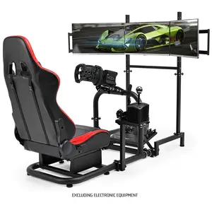 Supllueer G29 Round Tube Racing Sim Cockpit Stand with Three Screen Monitor Stand and Red Seat Compatible with G920 G923 T248 T300RS GT , Steering Wheel Stand Excluding Shiftlever Pedal Steering wheel