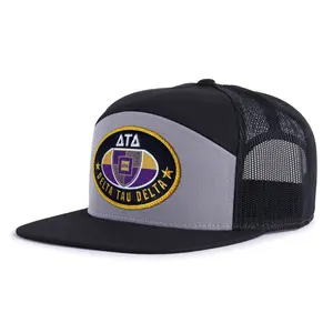 DELTA TAU DELTA 7-Panel Flat Bill Trucker Snapback Hat with Mesh Back
