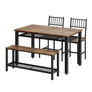 【GARVEE】Kitchen Table Chairs Set for 4 with 2 Chairs and Bench, 4 Pieces Dining Table Set with Storage Rack & Metal Frame, Kitchen Table Set with for Small Space, Apartment (Brown)