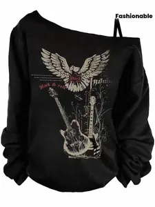 Women's European & American Style Casual Loose Fit Long Sleeve Asymmetrical Top, Womenswear, Animal Letter Graphic Pattern, All-Season Wear, Fashion