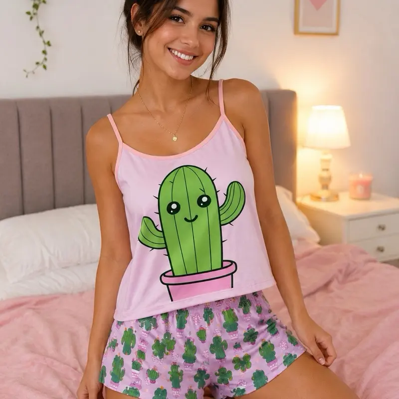 Women's Cactus Dream 2-Piece Pajama Set - Light, Breathable Polyester Cami & Matching Print Shorts, Cute Elastic Waist, Pink & Green Loungewear Nightwear, Sleeveless, Soft