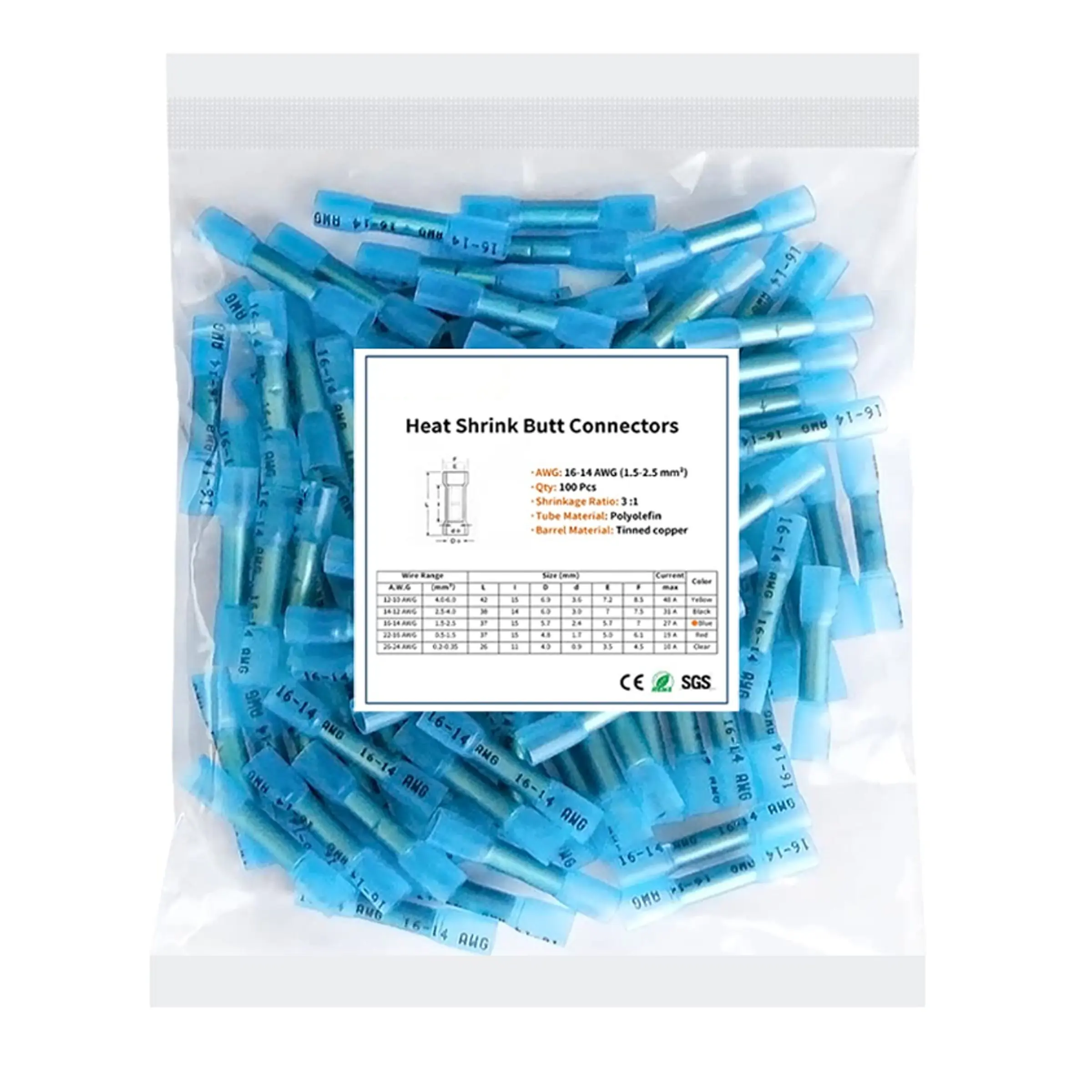 Heat Shrink Butt Connectors, 16-14 AWG 100Pcs Blue Waterproof Electrical Crimp Wire Splice for Marine, Cable, Wiring, Durable Reliable Connectors