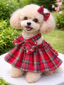 Luxury Cute Plaid Dog Dress Pet Harness with D-Ring Leash Set Cat Dog Holiday Party Costume Summer Girl Pet Clothes Bowknot Puppy Princess Dresses Tartan Pet Dress with D-Ring