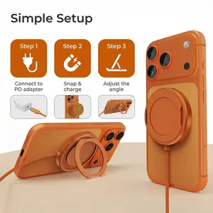 wireless charger 25W Qi2 Magnetic for iPhone 17/16/15 Pro Max/Plus, Portable Foldable Stand for Desk/Travel, Braided Nylon Cable, High-Gloss Orange Finish, Strong Magnetic Hold for Hands-Free Video/FaceTime Wireless Charger