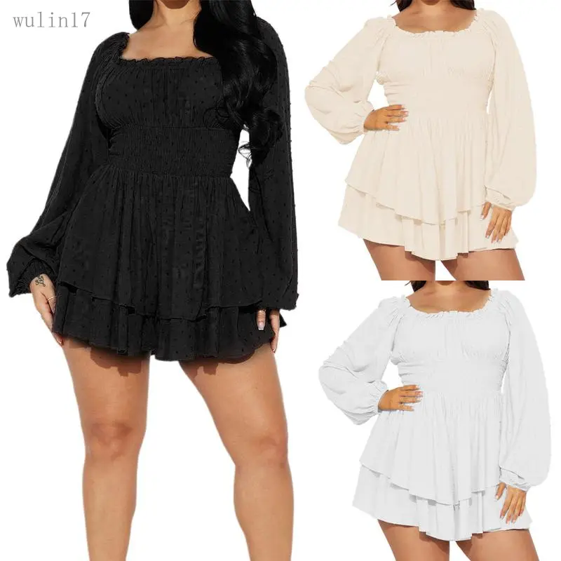 New2025Women Plus Size Rompers Playsuits, Swiss Dot Boat Neck Off Shoulder Long Sleeve, Spring Fall Short Jumpsuits Streetwear, Ladies Dress for Indoor Outdoor Wear, Ladies Clothes for Daily Wear