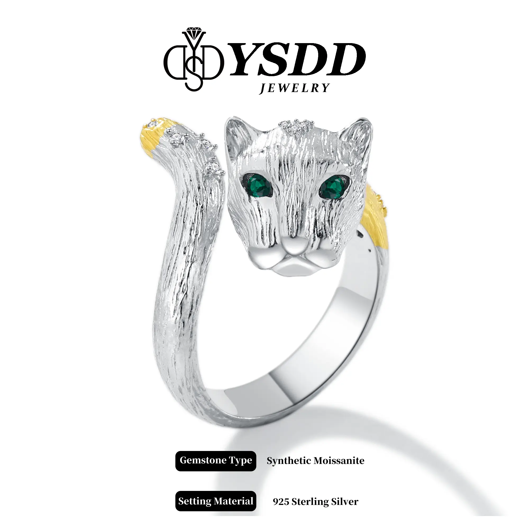 【 #360 】Panther 925 Sterling Silver Iconic Statement Ring, 7.78g Beautiful Round Moissanite Unique Jewelry Ring, Women's Birthday-Anniversary Gift, Beautiful Rings, Round Moissanite Ring