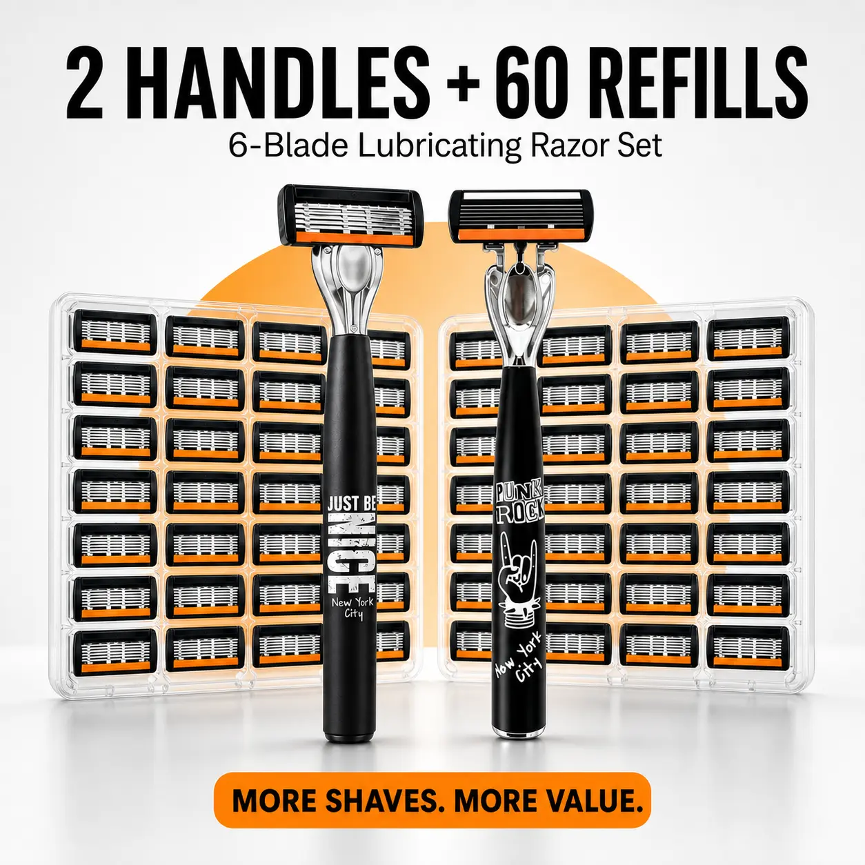 Men’s 6-Blade Razor Refill Cartridges, 60-Count Large Pack with Lubricating Strips for Daily Close Shave, Replacements for Compatible Manual Razors