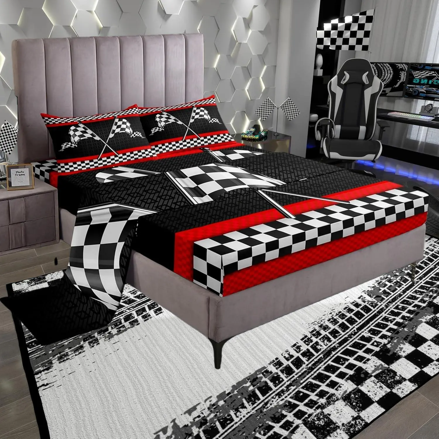 Race Car Themed Bed Sheet Set,Kids Black White Checkered Flag Print Sheet Set,Room Decor,Red Stripes Geometric Grid Plaid Bedding Set for Boys Teens,(1 Fitted+1  Flat Sheet)