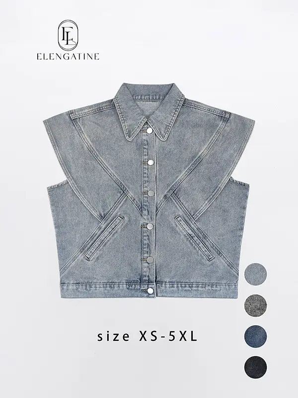 Women's Plus Size Denim Vest, Casual Bohemian Sleeveless Jacket with a Rounded Collar, Button-Front & Slit Pockets, Plus Sizes, Denim Fabric