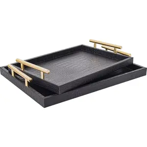 Modern Elegant Large Wood Serving Tray, Set of 2 Black Crocodile Leather with Gold Polished Metal Handles, Home Decorative Rectangle Ottoman Decor Platter Living Room Bathroom Vanity Tray