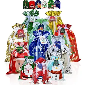 40 count Christmas Gift Bags Drawstring Gift Wrapping Bags Assorted Sizes Small Medium Large  Xmas  Bags with Tags for Party Favors Present Wrapping