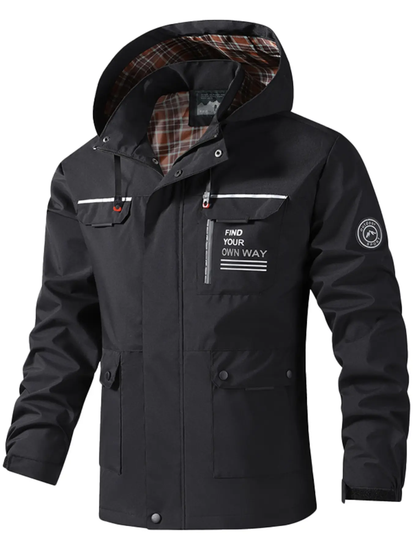Men's Spring/Autumn Casual Hooded Jacket – Multi-Pocket Windbreaker with 3D Tailored Fit, Front Letter Print, and Striped Lining. Ideal for Commuting, Workouts, and Outdoor Activities. Pairs Well with Joggers, Jeans, Cargos, and More.