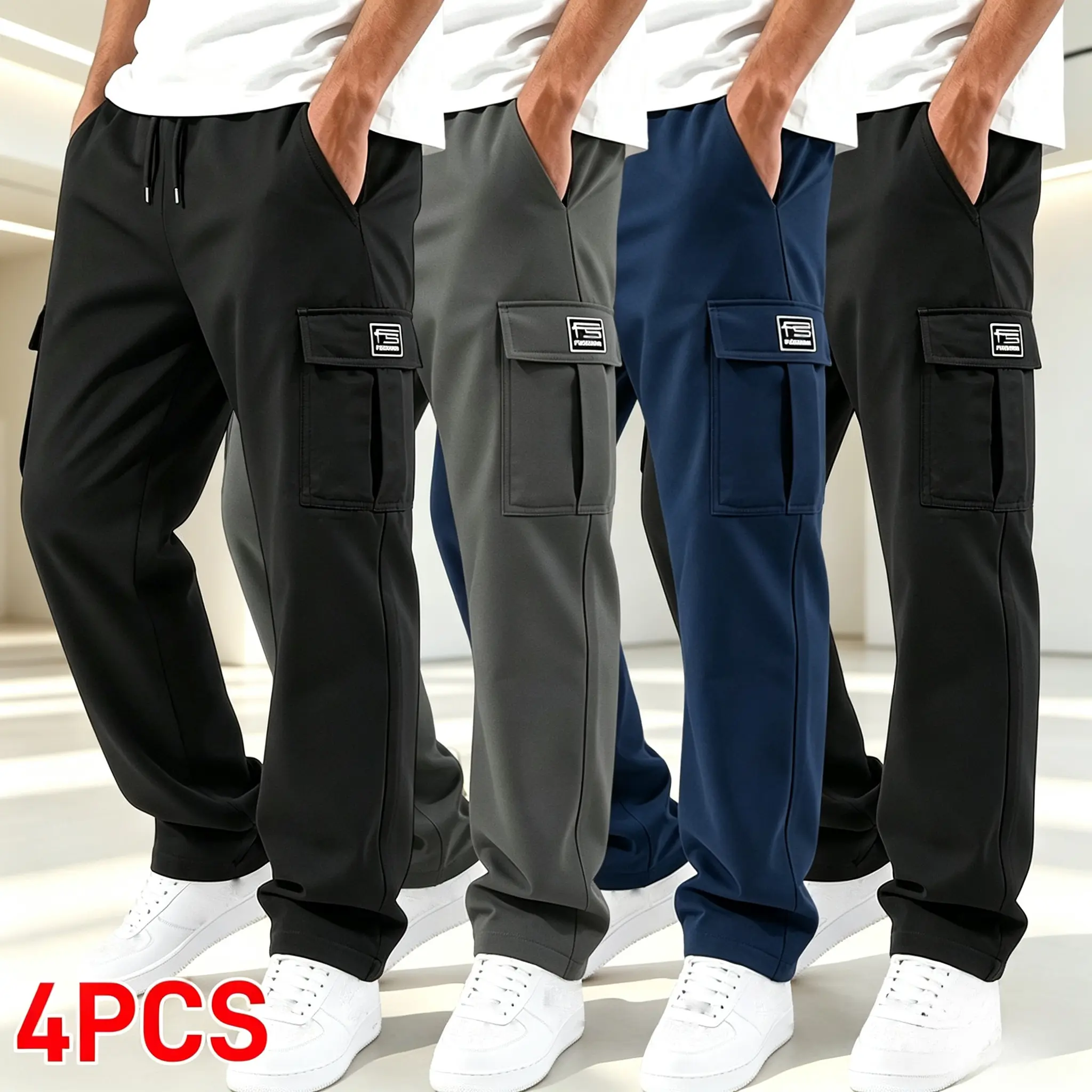 Men's Multi-Pack Utility Cargo Pants, Menswear Plain Elastic Stretch Loose Straight-Leg Pants for Spring-Autumn, Suitable for Outdoor Leisure & Everyday Commuting