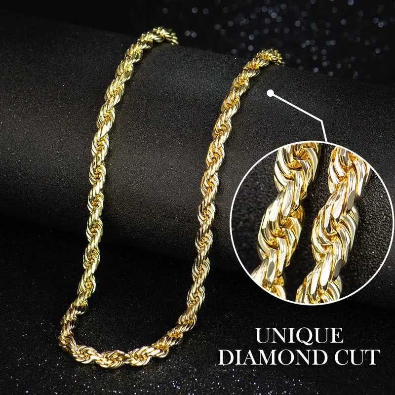 14K Real Gold-Plated Rope Chain Necklace – Tarnish-Free, Faceted Cut Shine, 6mm/8mm x 22"/24" Unisex Stainless Steel Chain, Father’s Day & Anniversary Gift