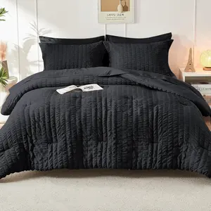 Seersucker Queen Comforter Set 3 Pieces, Lightweight Bedding Sets for All Seasons with 1 Soft Down Alternative Comforter and 2 Pillow Shams, Black