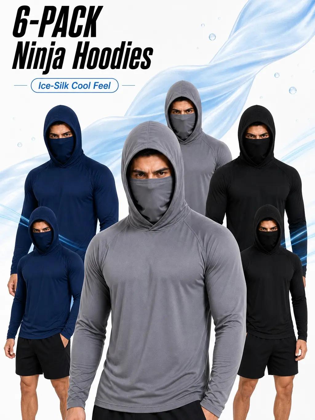Men's 6-Pack Sun-Proof Long-Sleeve T-Shirts, Breathable Hoodies with Built-In Guard, UV-Protective Outdoor Work Clothing, Multi-Size Sun Protection Hoodie with Face Mask & Neck Guard