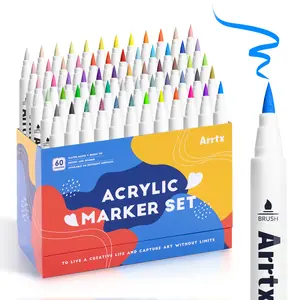 Arrtx acrylic markers 60 color tip acrylic markers suitable for rock painting, glass, stone, wood, ceramic fabric painting students teachers art supplies DIY creation regular set art marker