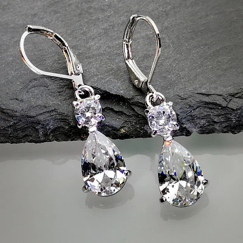 Pear Shape Inlaid Stone Leverback Drop Earrings for Women, Dainty Two-Stone Teardrop Dangle Ear Jewelry, Elegant Formal Accessory, Ideal Wedding Party & Date Night Gift for Her