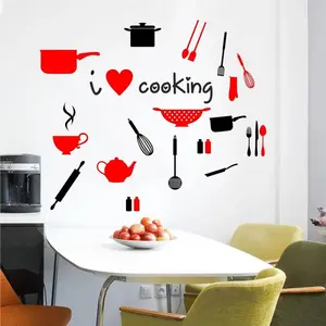 Kitchen Utensils Graphic Decorative Stickers, 1 Set DlY ' I Love Cooking ' Removable Wall Stickers, Self-Adhesive Wall Decor, Kitchen Decor, Kitchen Stickers, Restaurant Stickers
