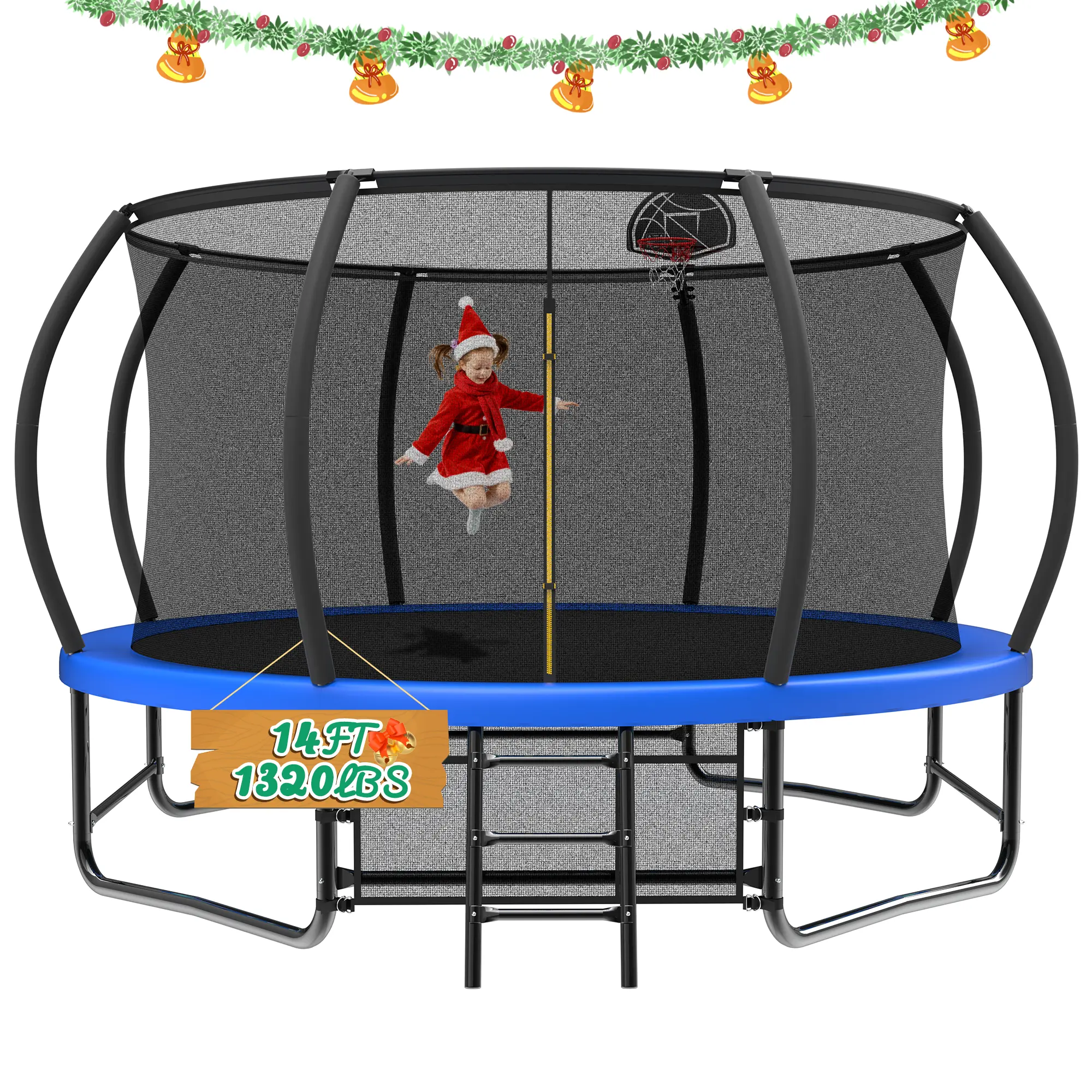 14FT Blue Trampoline with Basketball Hoop 1500LBS Round Trampoline for Kids & Adults ASTM Approved Home Gym Kit Exercise Equipment, Fitness Trampoline, Safety Net