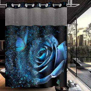 No Hook Shower with Snap in Liner Sets, Blue Rose, Waterproof Washable with See Through Mesh Top Window for 71x74 Inch